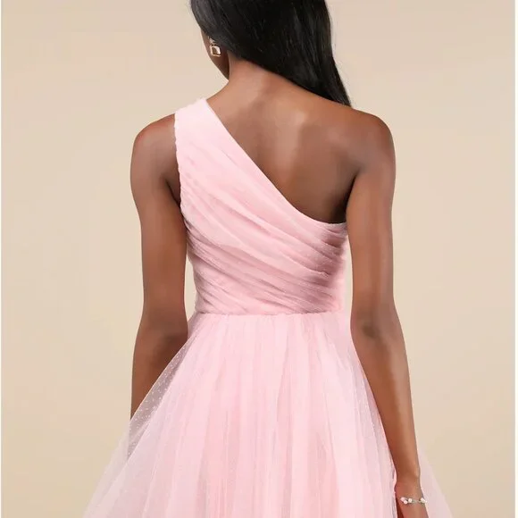 Lulus Exceptional Moments Light Pink Swiss Dot One-shoulder Mini Dress - Size S - Picture 4 of 8